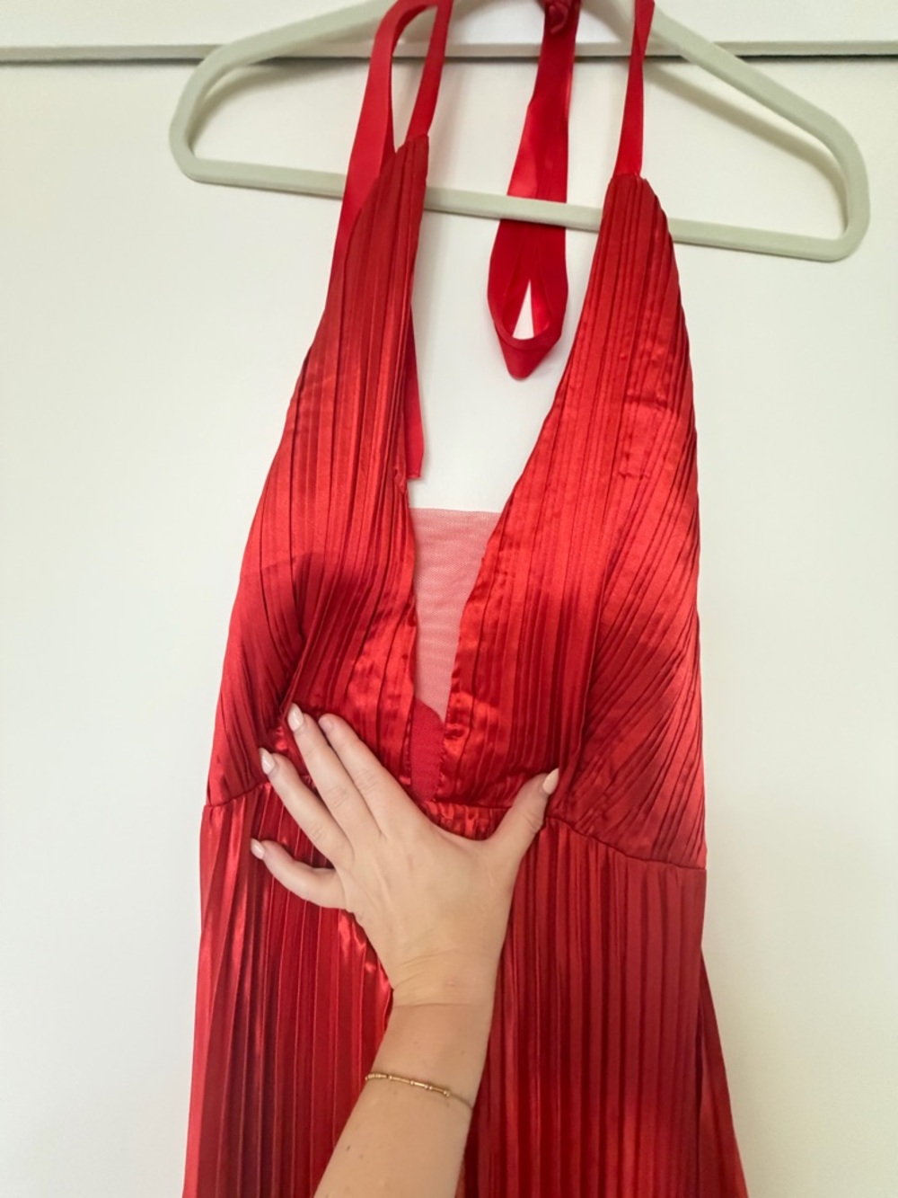 Red Pleated Halter Maxi Dress - Picture 2 of 6